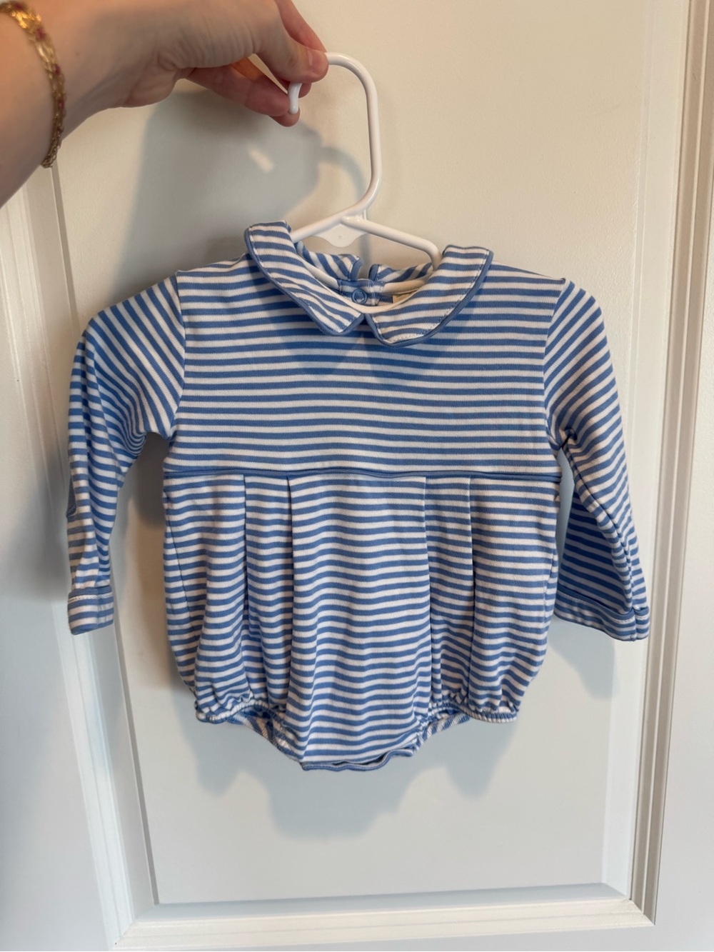 The Beaufort Bonnet Company Blue and White Striped Bubble Romper